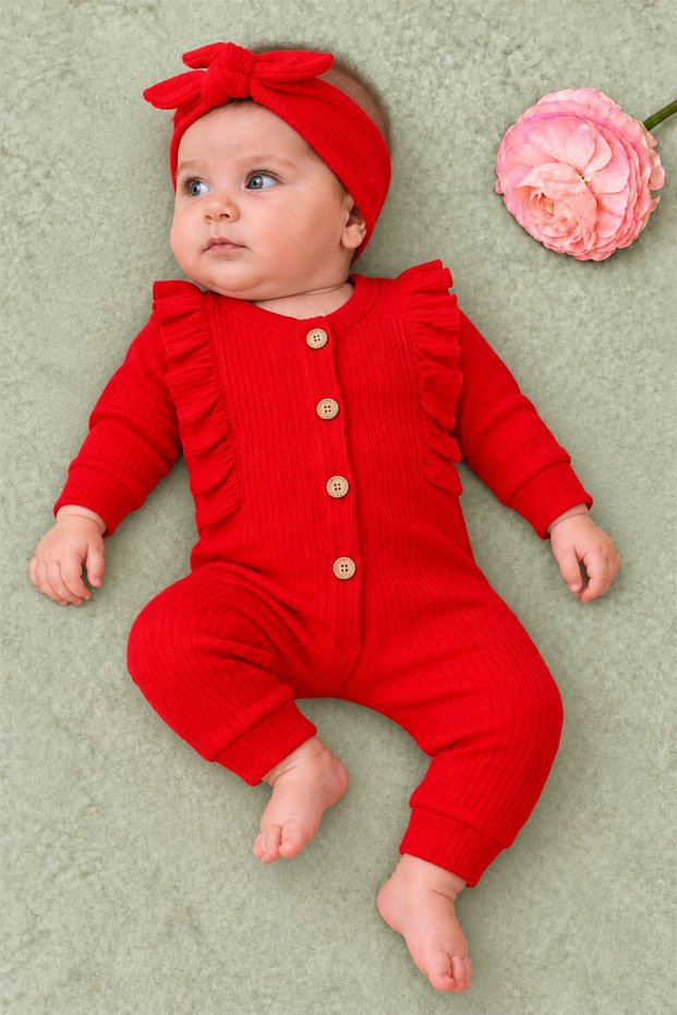 Ruffle Detailed Wooden Buttoned Corduroy Baby Romper and Headband Set