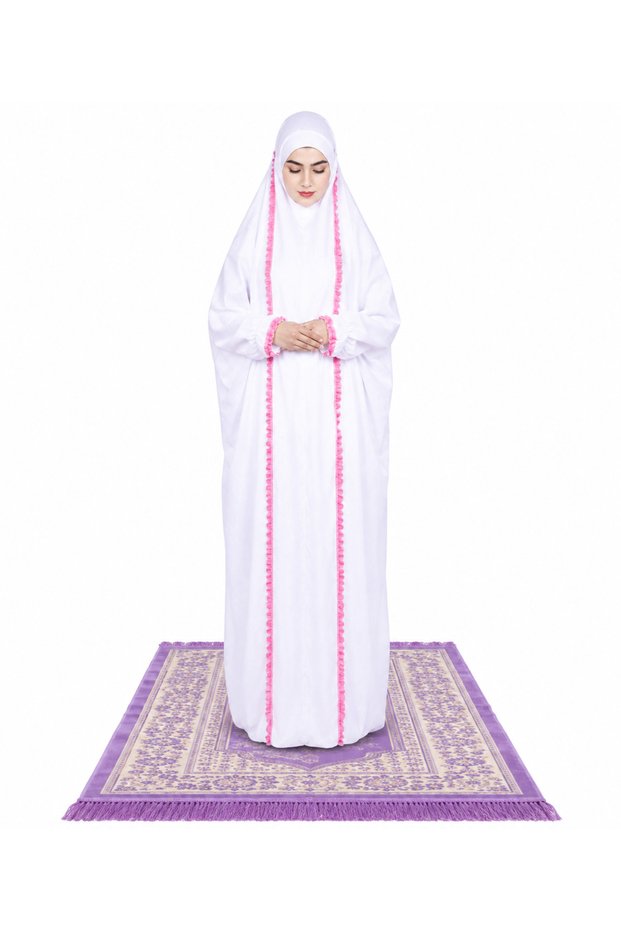 Linda Women's Prayer Dress with Pink Ruffle Trim – Modest Islamic Salah & Namaz Outfit, Full-Length Muslim Prayer Wear with Matching Head Cover