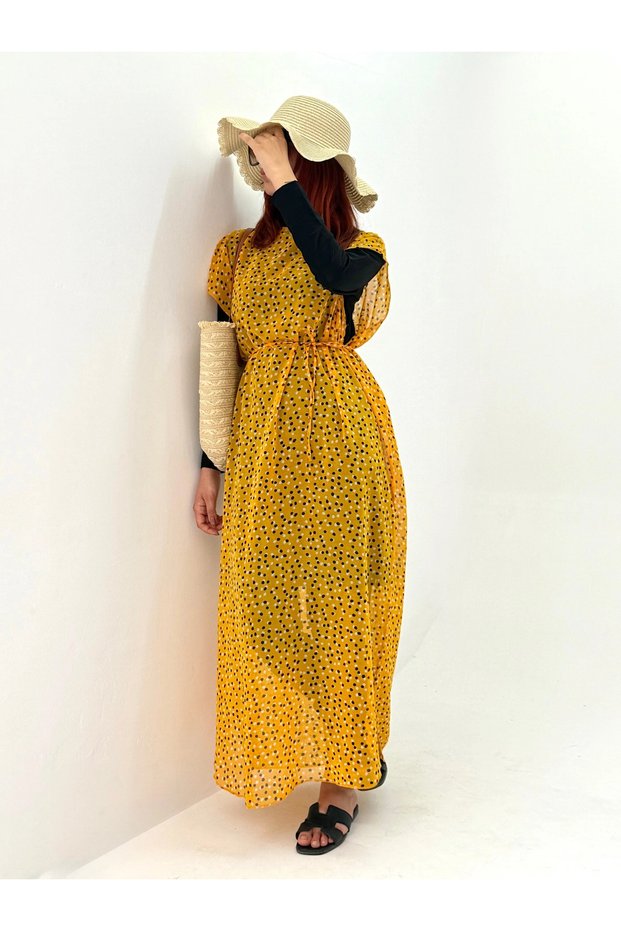 Beach Dress with Frilly Pattern - Mustard