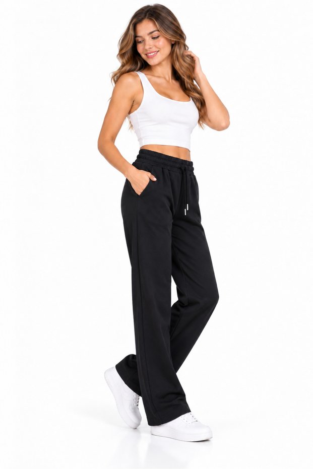 Women's Waterproof Plush Inside High Waist Elastic Waist Double Pocket Lace-Up Straight Leg Relaxed Fit Soft Textured Trendy Casual Black Trousers