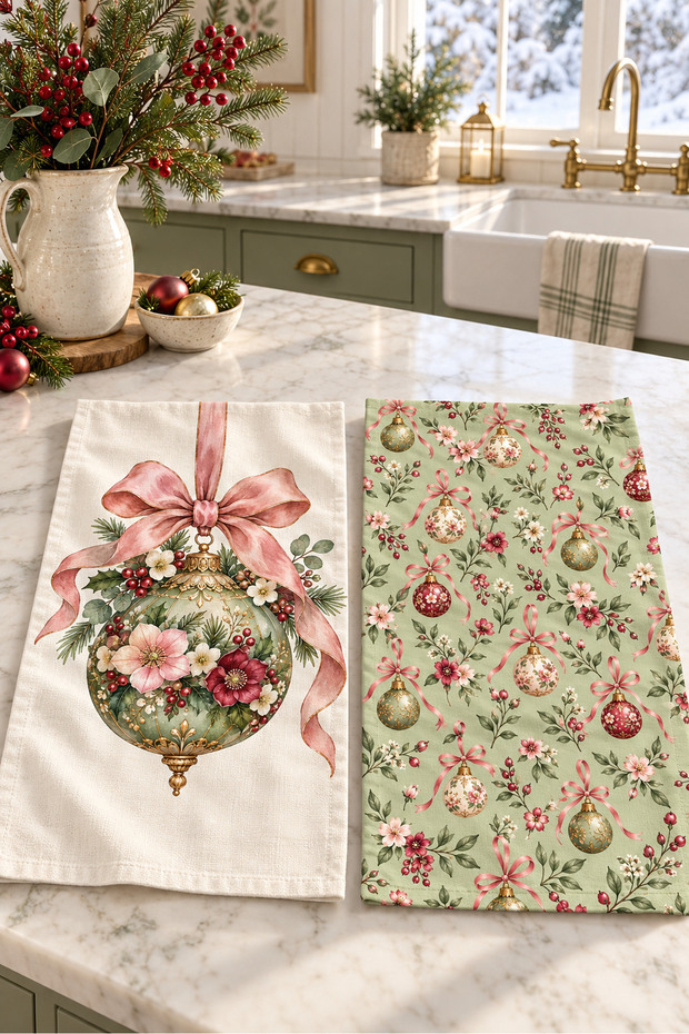 Sage Floral Bauble Floral Ornament Ball Pink Green Christmas Patterned 2-Piece Kitchen Towel Set 35X55 cm