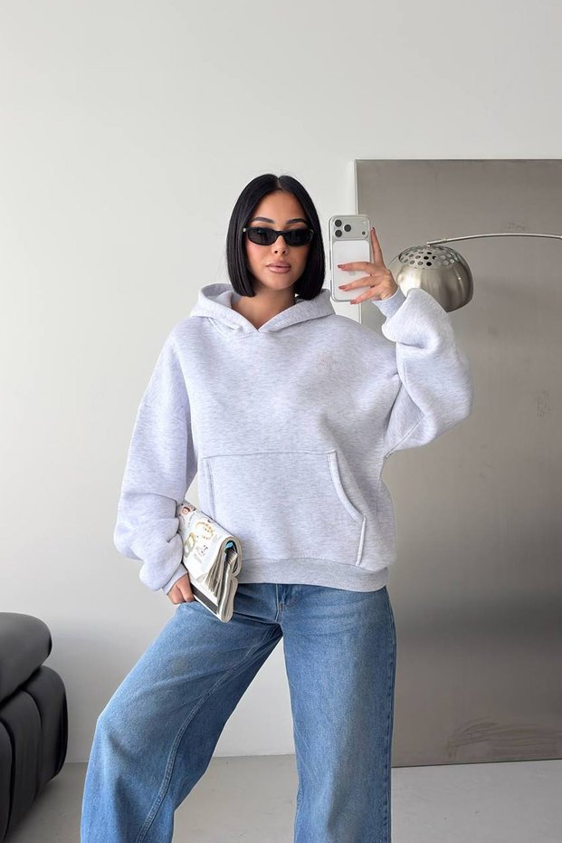 Women's Gray Oversized Hooded Sweatshirt with Stone Star Detail Nbg141
