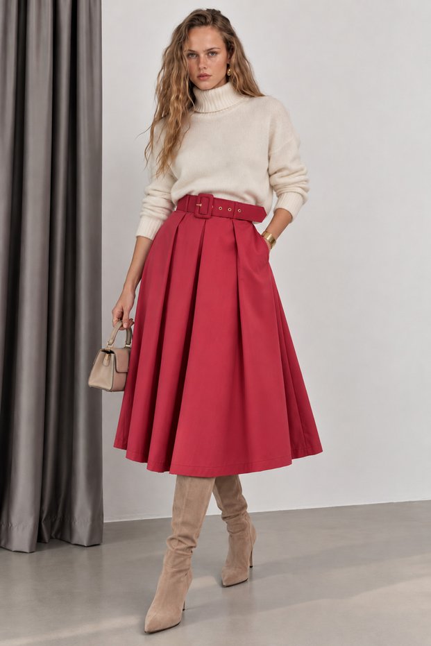 Women's Coral Pink High Waist Belt Detailed Pleated Flared Midi Trend Skirt