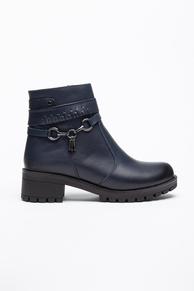 Genuine Leather Women's Heeled Boots Navy Blue with Fur Accessories Round Toe