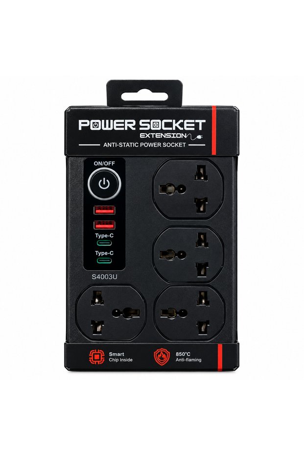 Multi Plug Power Adapter with 6 Universal Sockets, USB and Type-C Charging Ports