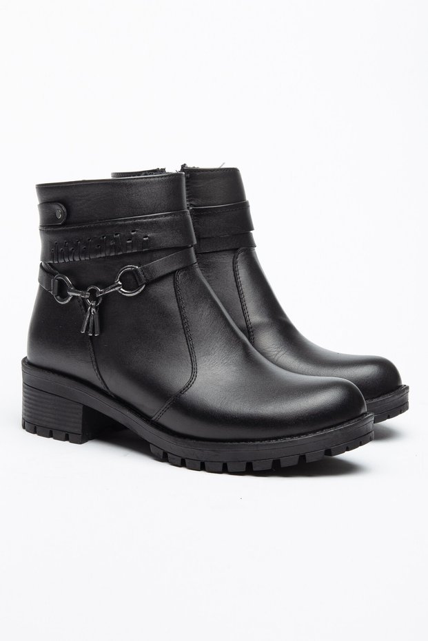 Genuine Leather Women's Heeled Boots with Black Fur Accessories and Round Toe