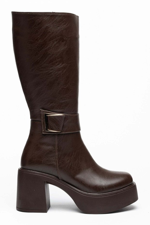 Women's Platform Heeled Boots Brown Side Buckle Faux Leather