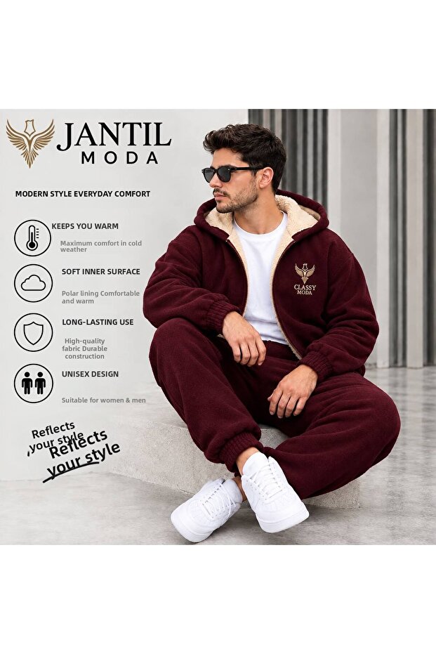 Men's 3 Threaded Threaded Sweatpants Set | Fur-Lined Hooded Jacket
