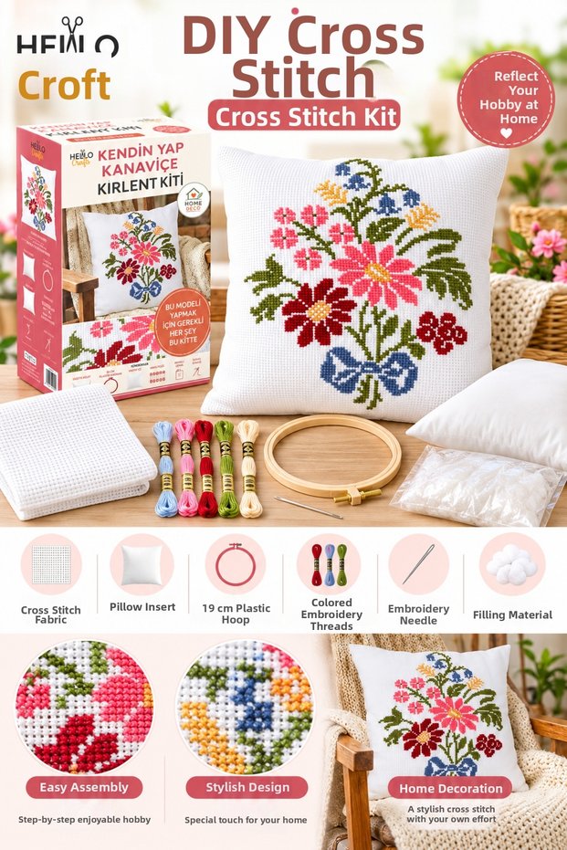 DIY Cross-Stitch Cushion Kit – Etamin Embroidery Set, Floral Pattern Decorative Pillow Making Kit, DIY Hobby Set