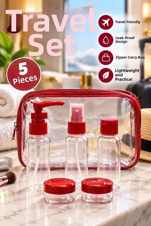 5-Piece Travel Cosmetic Bottle and Cream Container Set – 30 Ml, with Zippered Carrying Bag