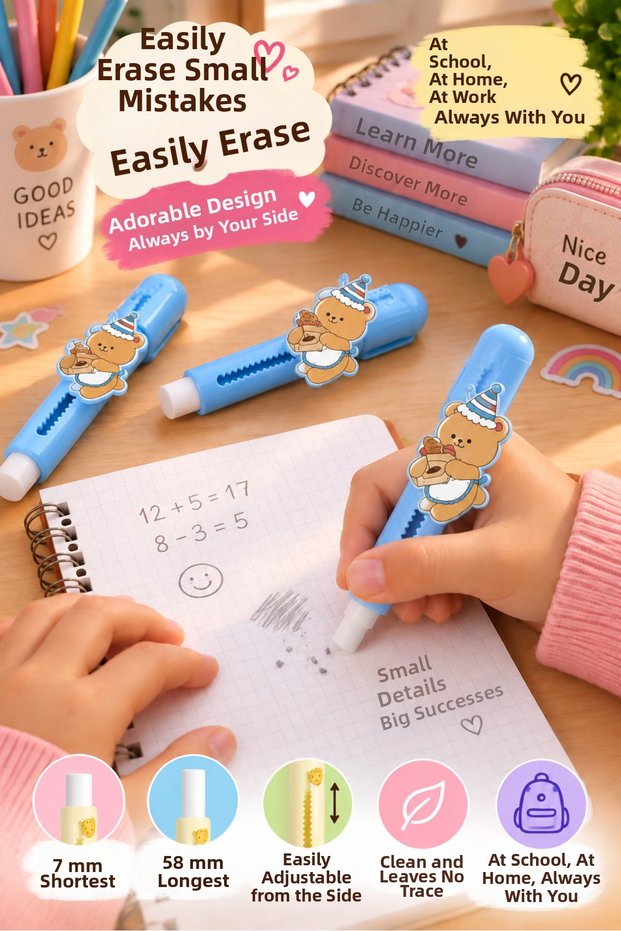 Teddy Bear Length Adjustable Eraser Pen Type 100mm Blue Vd076