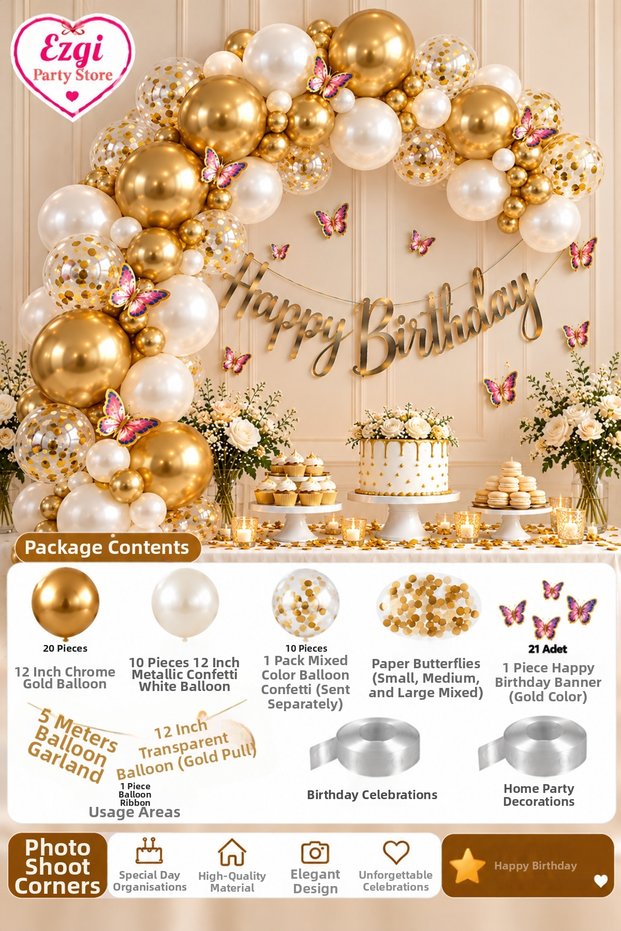 Chrome Gold White Balloon Chain Butterfly Happy Birthday Birthday Concept Premium Celebration Party Set Decoration Supplies