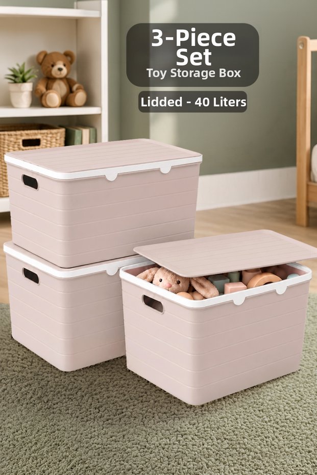 3-Piece 40Lt Storage Box with Lid - Baby and Kids Room Organizer Multi-Purpose Toy Organizer Pink