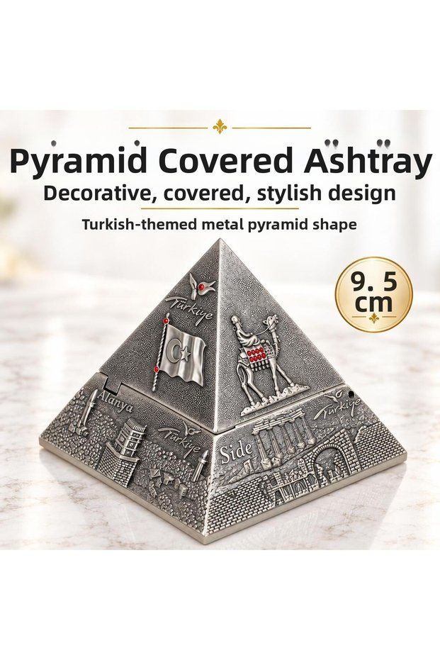Turkey Themed Metal Pyramid Ashtray Incense Burner Jewelry Box with Lid Decorative Gift 10X10 cm