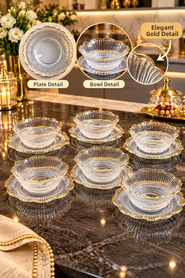 12-Piece Snack Bowl with Plate, Glass Rice Pudding Ashura Presentation Bowl | Decorative Luxury Gilded Edged