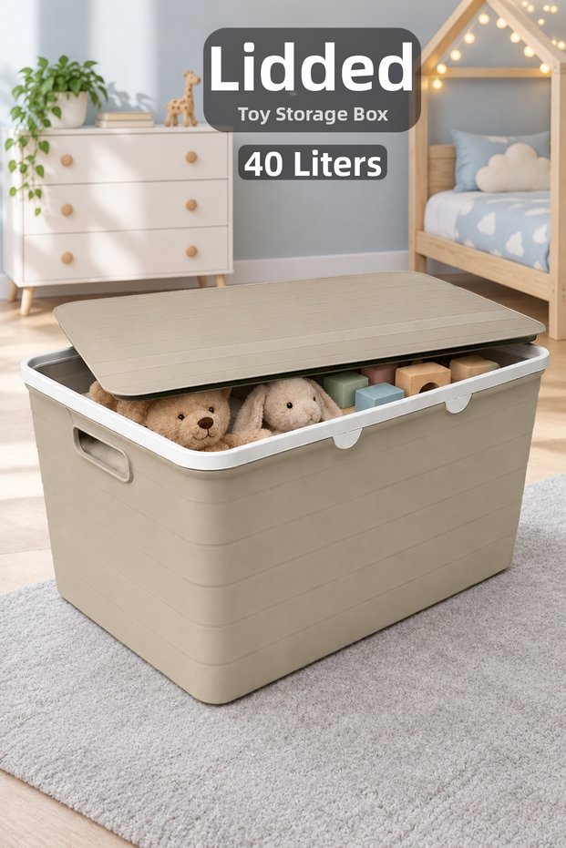 40Lt Storage Box with Lid - Children's Baby Room Organizer Multi-Purpose Item Toy Organizer Beige