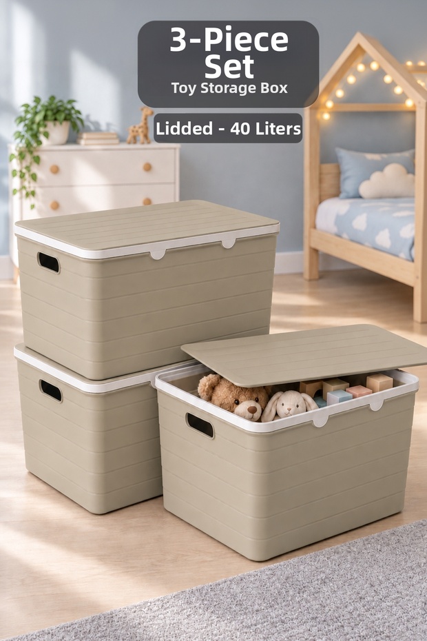 3-Piece 40Lt Storage Box with Lid - Baby and Kids Room Organizer Multi-Purpose Toy Organizer Beige