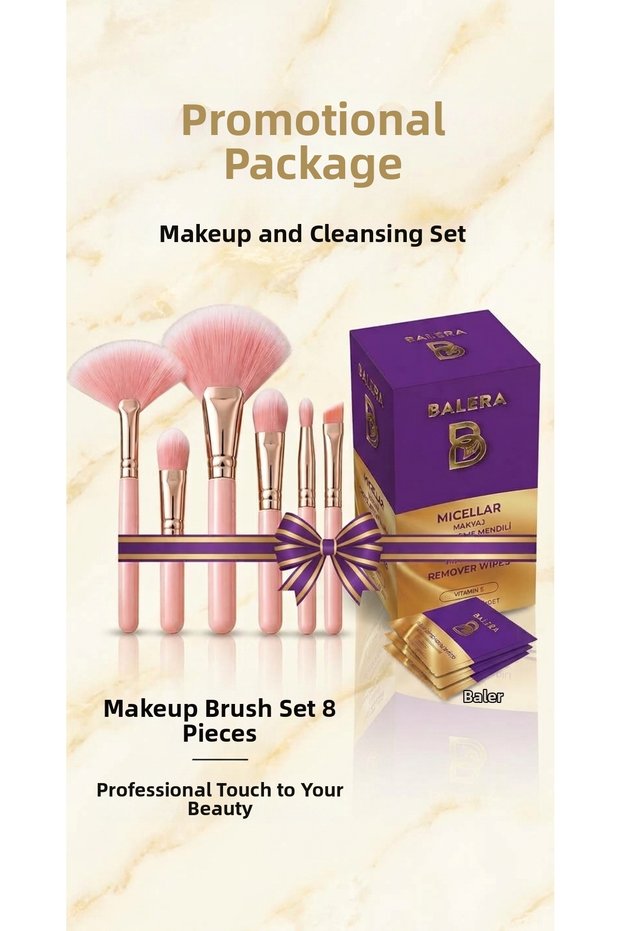8-Piece Professional Makeup Brush Set & Micellar Makeup Cleansing Wipes