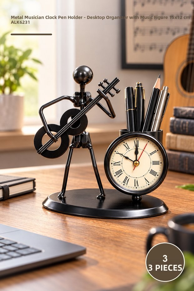 3 Pieces Metal Musician Clock Pen Holder – Desktop Pen Holder Decorative Organizer with Music Figure Clock Pen Holder 15X12 cm Alk6231