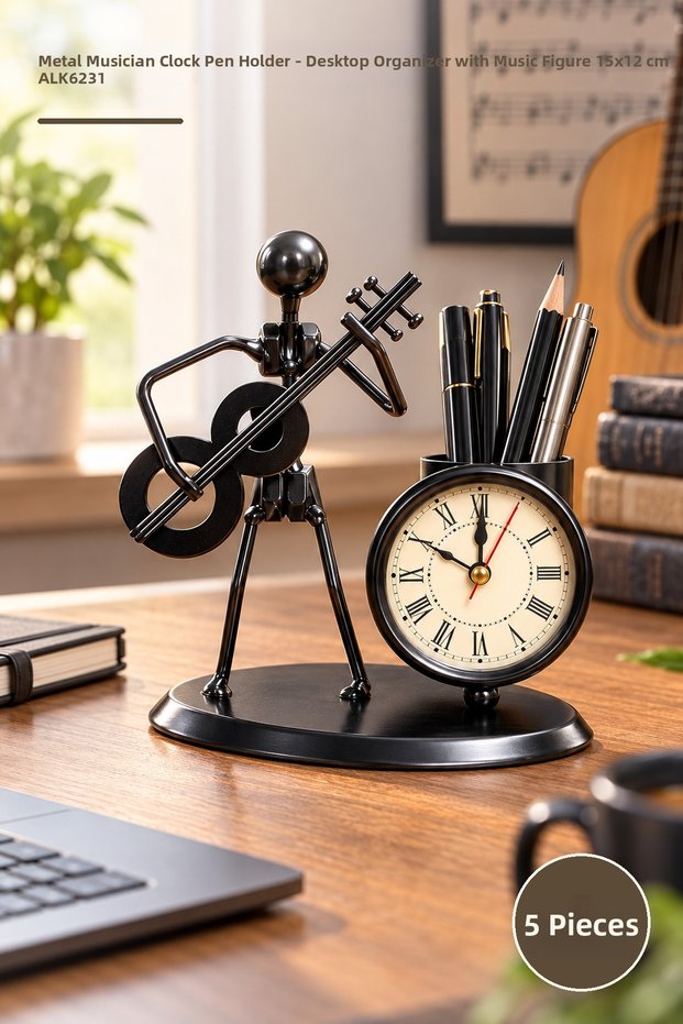 5 Pieces Metal Musician Clock Pen Holder – Desktop Pen Holder Decorative Organizer with Music Figure Clock Pen Holder 15X12 cm Alk6231