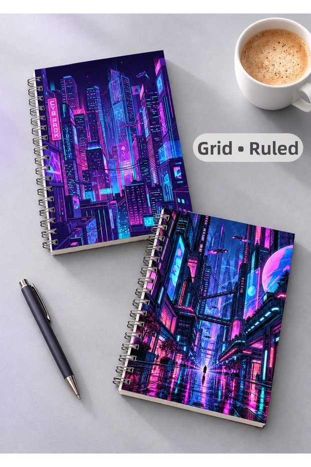Neon City Themed Set of 2 A5 Metal Spiral-Bound Lined-Checkered Cardboard Covers Neon City Themed Set of 2 A5 Lined-Checkered Notebooks