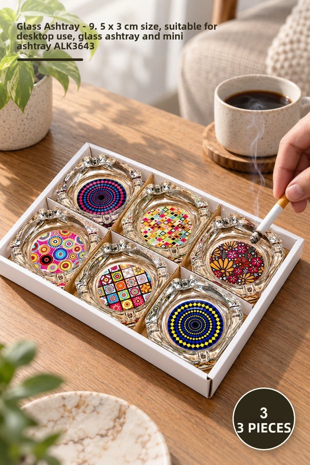 3 Pieces of Glass Ashtray – 9.5 X 3 cm Size, Suitable for Desktop Use, Glass Ashtray and Mini Ashtray Alk3643