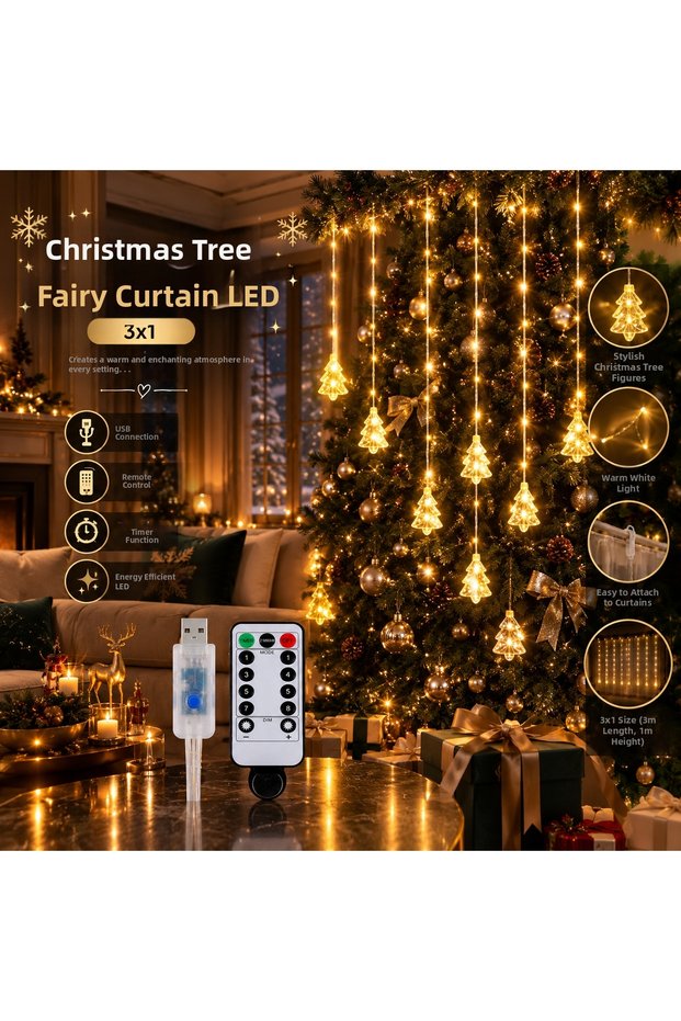3X1 Christmas Tree Fairy Curtain Led Christmas Ornament 8 Modes Rgb Lights USB Yellow Colorful Light Fairy String Lights Wire Function Ornament