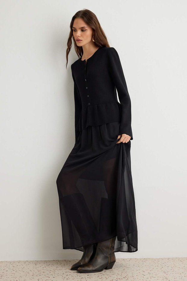 Black Maxi Knitwear Skirt Hem Woven Skirt and Lining Detailed Dress Twoaw27El00158
