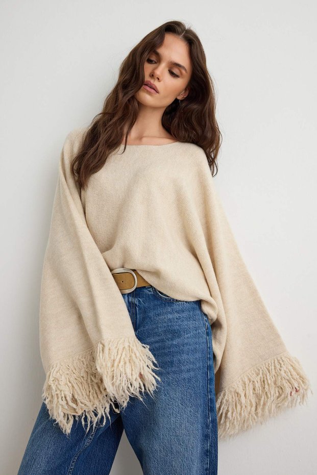 Stone Soft Textured Sleeve End Tassel Detailed Knitwear Poncho Sweater Twoaw27Kz00057