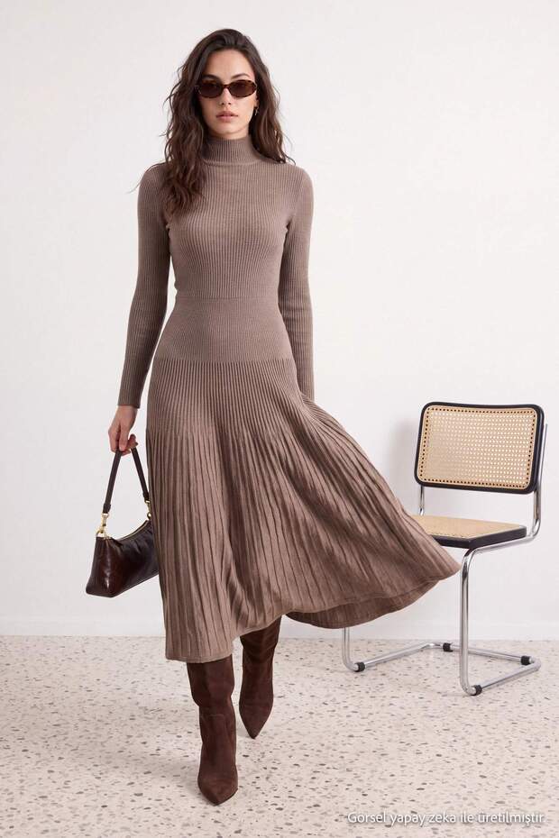 Mink Pleated Maxi Length High Collar Body-Hugging Knitwear Hijab Dress Tctaw27Eb00044