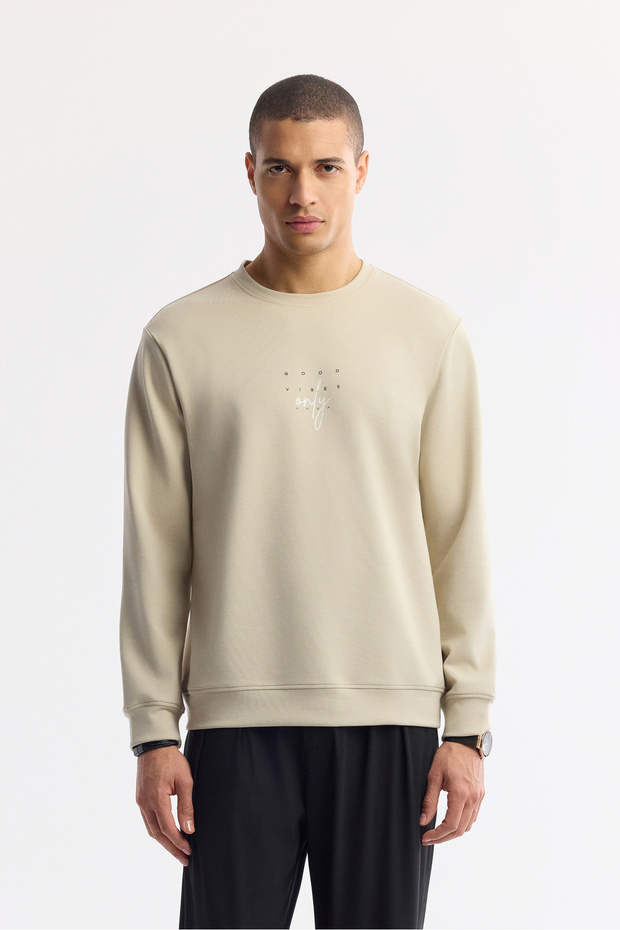 Men's Stone Crew Neck Printed Bi-Stretch Interlock Regular Fit Sweatshirt A51Y1235