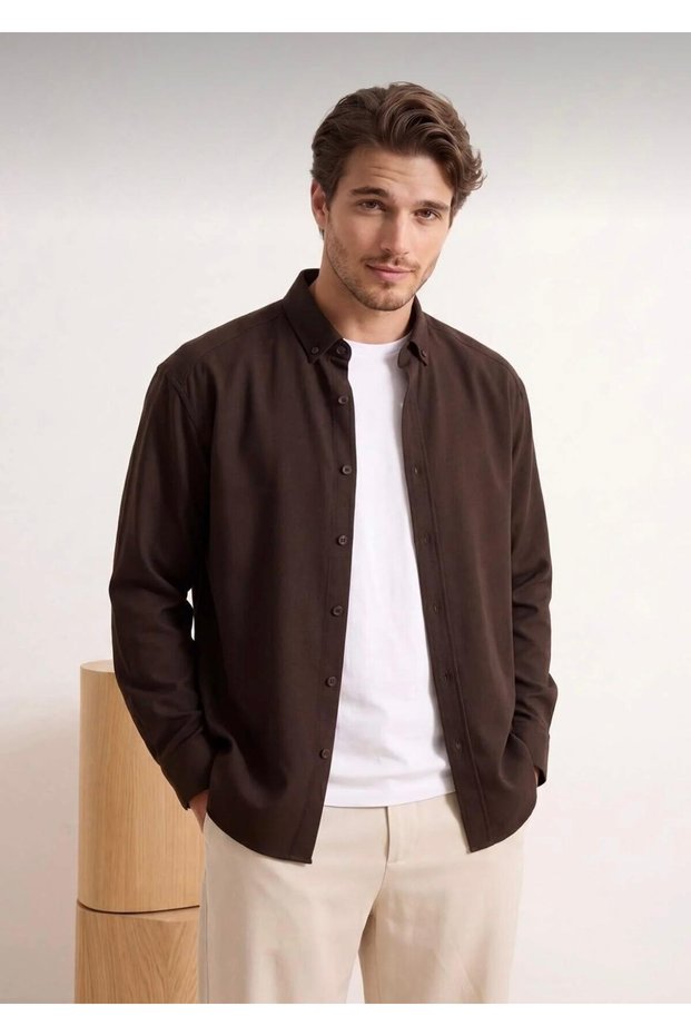 Summer Linen Textured Long Sleeve Brown Half Oversized Men's Shirt
