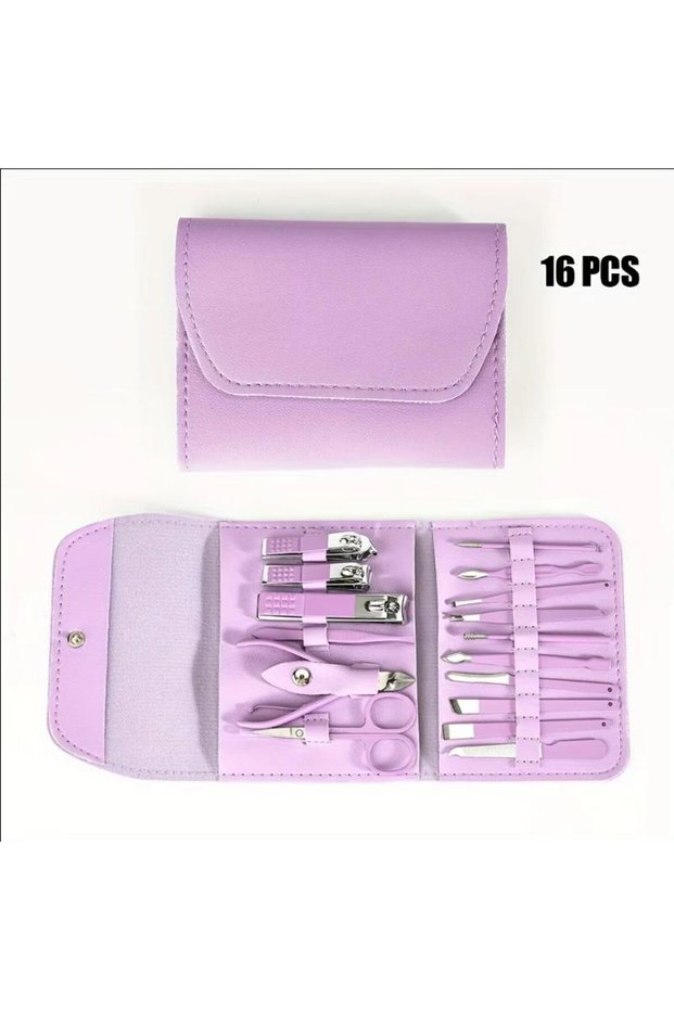 purple 16pcs set Premium 16-Piece Nail Grooming Kit for Home Stainless Steel Clippers Pedicure Set a