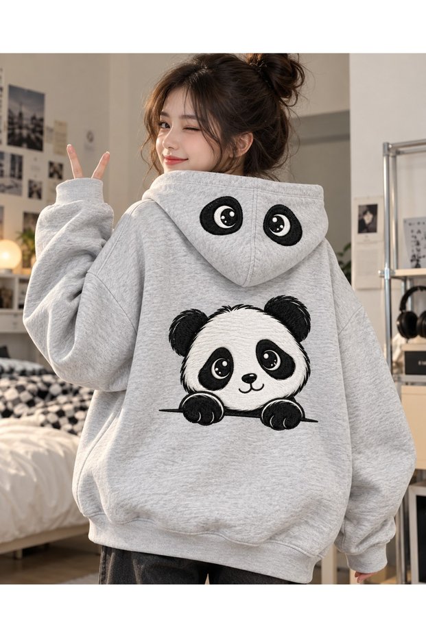 Unisex Panda Printed Gray Hooded Oversize Sweatshirt