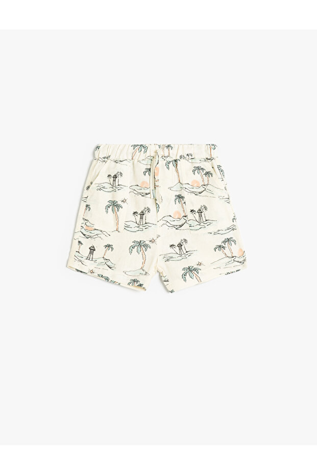 Lace-Up Waist Viscose and Linen Blended Palm Pattern Shorts