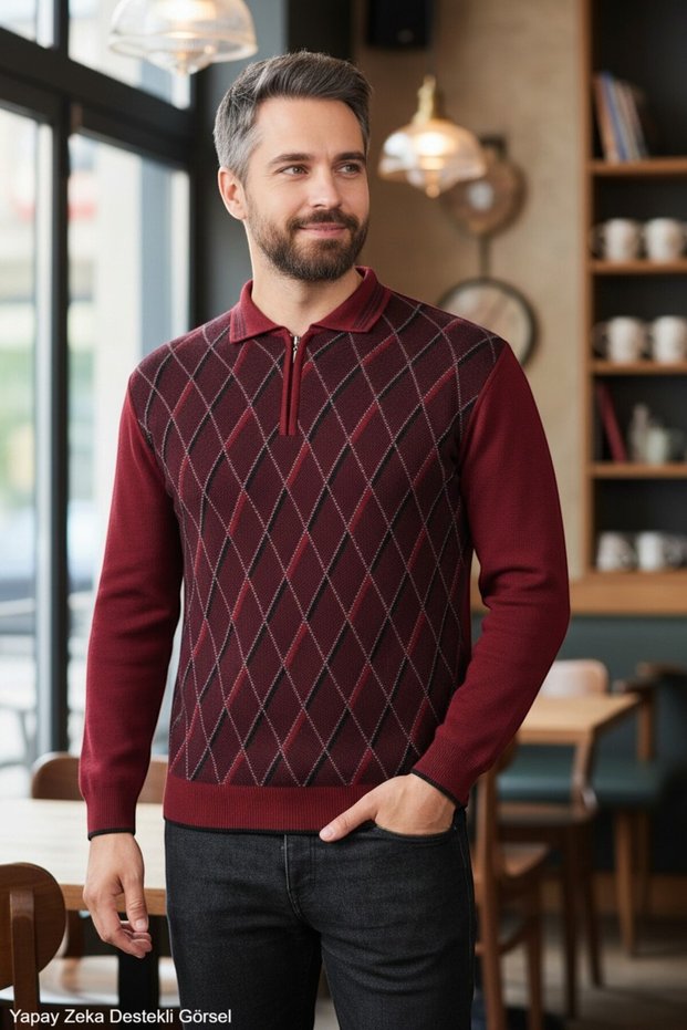 Men's Burgundy Anti-Pilling Polo Collar Half Zip Thick Knit Argyle Pattern Winter Relaxed Knitwear Sweater Long Sleeve Top Clothes Outfit Old Money
