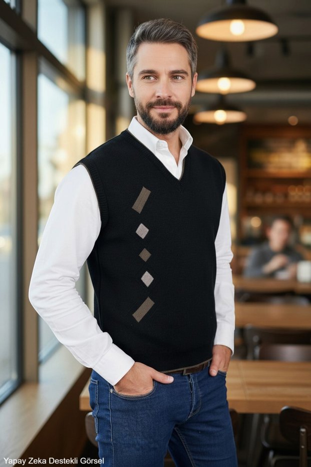 Black Men's Steel Knit Winter Thick Knitwear V-Neck Knitwear Knit Non-Pilling Jumpers