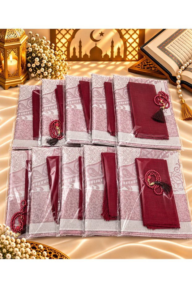 10 Pieces of Burgundy Prayer Rug, Flared Scarf and Prayer Beads Set, Hajj Umrah Mawlid Gift