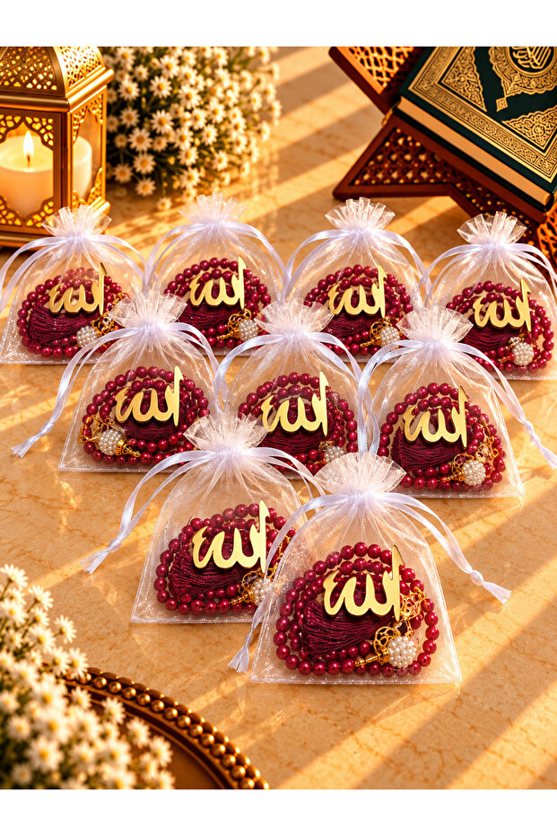 10 Pieces of Pearl Tesbi̇rh in a Burgundy Gift Pouch (Mevli̇d - Hac - Umre - Bohça)