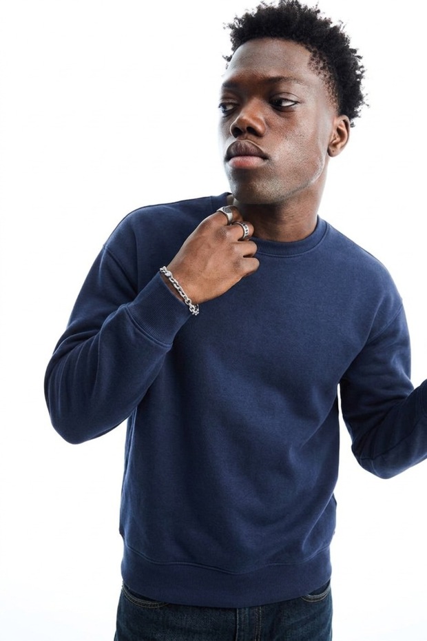 Men's Regular Long Sleeve Navy Blue Basic Sweatshirt