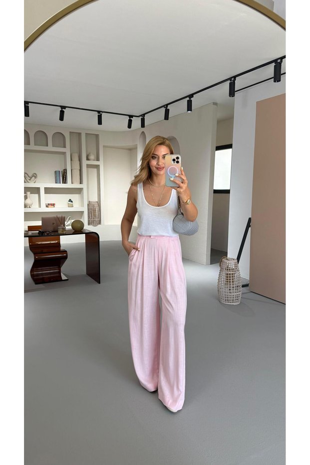 Waist Elastic Pleated Detail Powder Pink Linen Palazzo Trousers