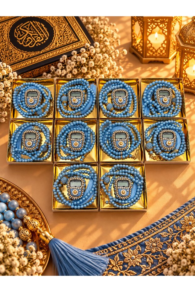 10 Pieces Mevlid-hajj-umrah Gift Blue Stone Zikirmatik and Tasbih Set Boxed