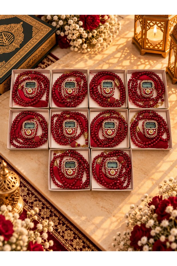 10 Pieces Mevlid-hajj-umrah Gift Claret Red Stone Chanting and Tasbih Set Boxed