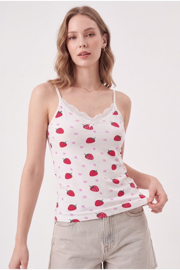 Lace Strawberry Patterned Strapless Tank Top - White
