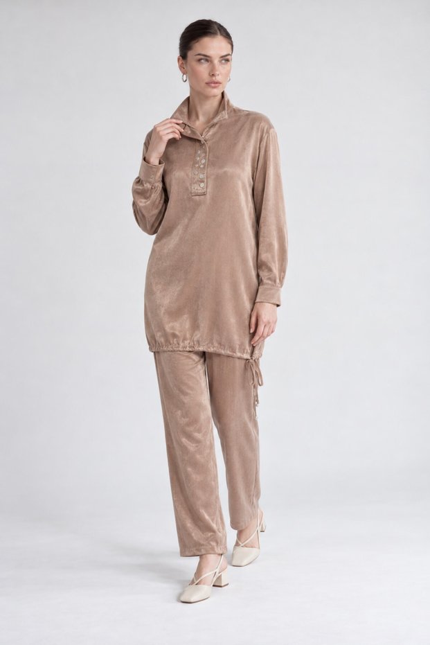 High Collar Button Detailed Cupra Double Suit Mink