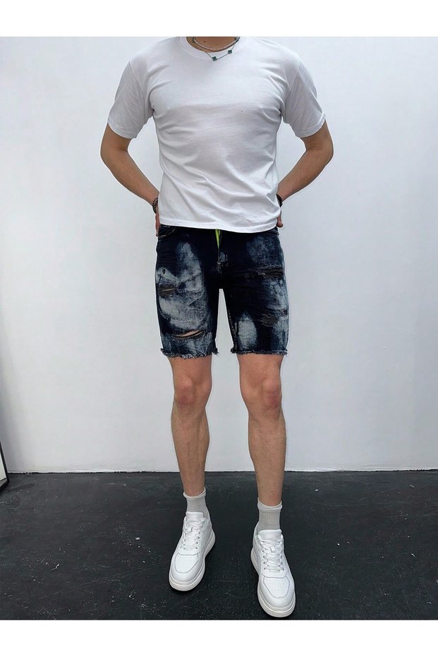 Men's Dark Blue Washed Ripped Detail Slim Fit Jean Shorts
