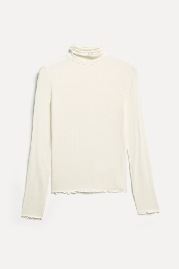 Women's Ecru Modal Blend Fitted High Neck Long Sleeve T-Shirt