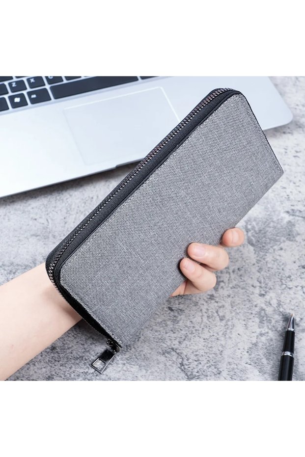 Grey New Men's Long Canvas Wallet - Large Capacity Zipper Clutch, Multi-Card Business Casual Purse f