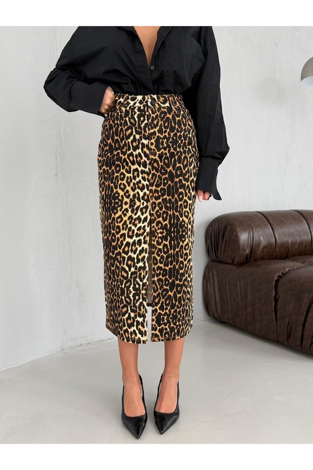 Slit Leopard Printed Pieces Midi Length Denim Skirt - 100% Cotton Pieces