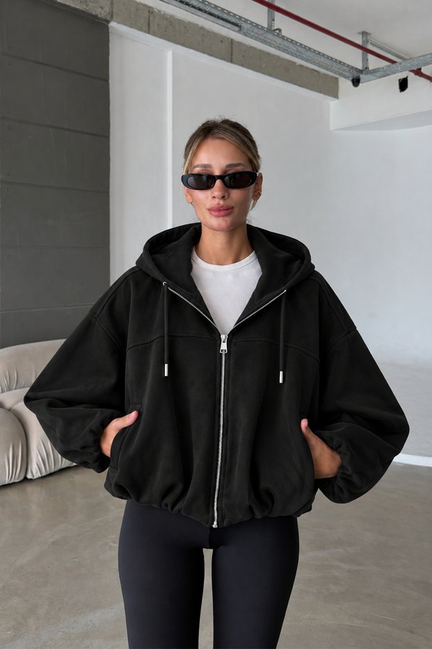 Olivia Zr Model Hooded Oversize Bomber Women's Black Suede Leather Jacket